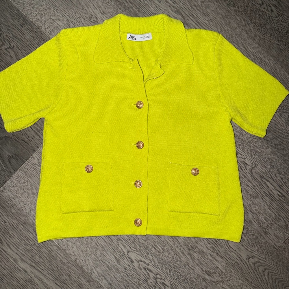 ZARA Neon Lime Knit Short Sleeve Cardigan